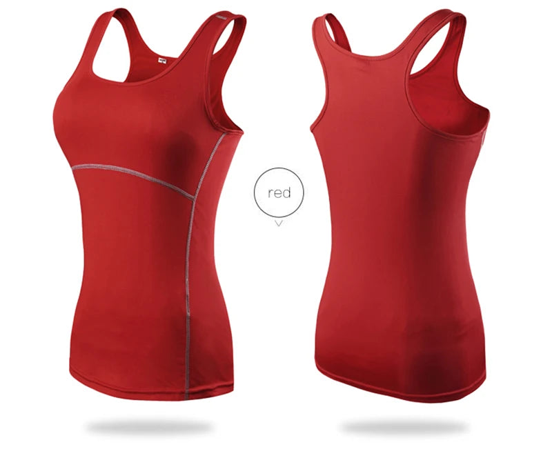 Women’s red sleeveless quick dry yoga tank top with breathable fabric for gym and running.