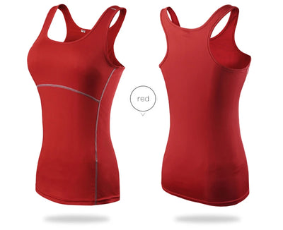 Women’s red sleeveless quick dry yoga tank top with breathable fabric for gym and running.