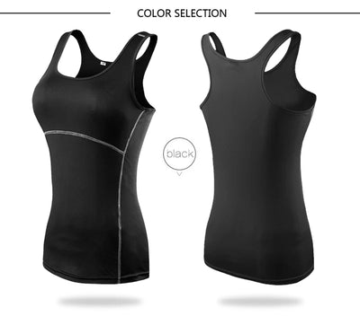 Women’s quick dry black yoga tank top, sleeveless gym and running vest showcasing front and back views.