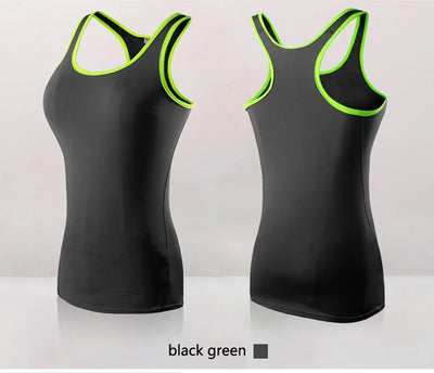 Women's quick dry yoga tank top in black and green, sleeveless design for gym and running.
