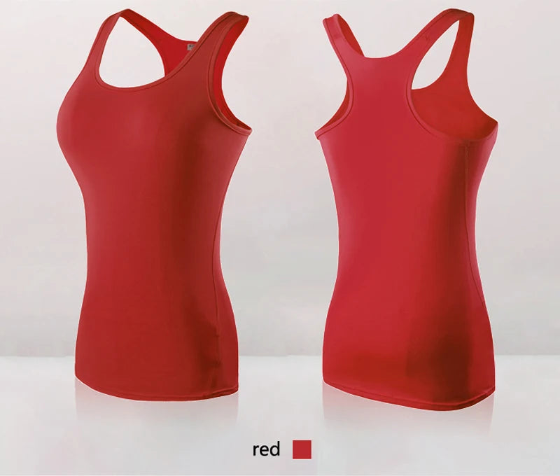 Women’s red quick dry yoga tank top showing front and back views, featuring a sleeveless design for comfort during workouts.