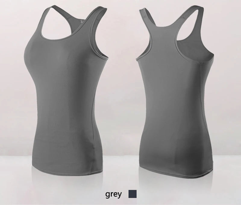 Women's grey quick dry sleeveless yoga tank top, showcasing a fitted design for gym and running activities.