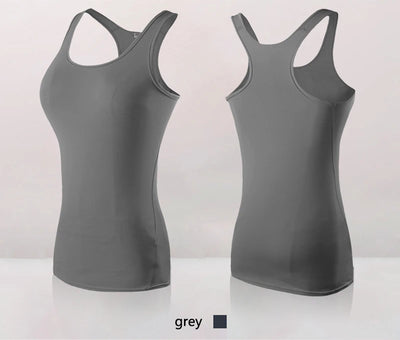 Women's grey quick dry sleeveless yoga tank top, showcasing a fitted design for gym and running activities.