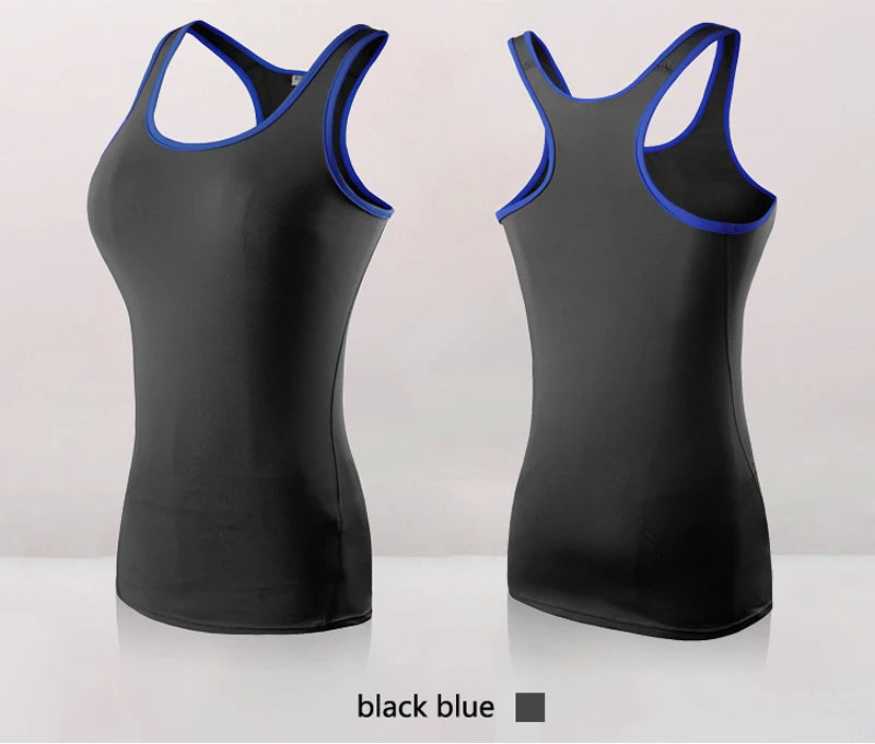 Women’s black blue quick dry yoga tank top showcasing front and back views, perfect for gym and running.