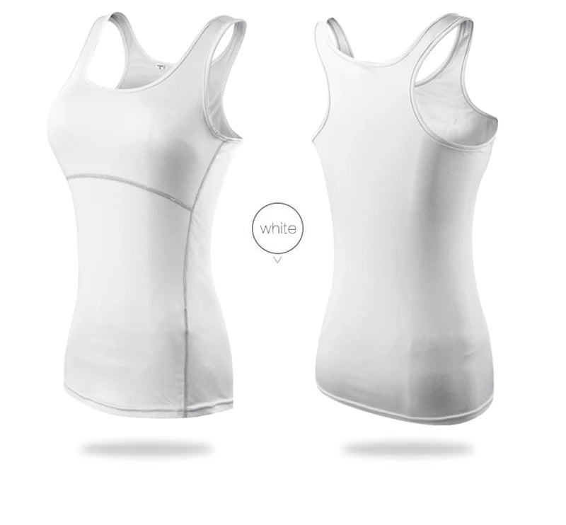 Women’s white quick-dry yoga tank top, sleeveless, breathable fabric for gym and running activities.