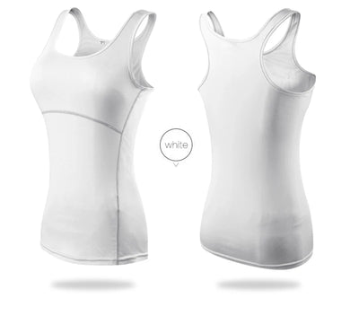 Women’s white quick-dry yoga tank top, sleeveless, breathable fabric for gym and running activities.