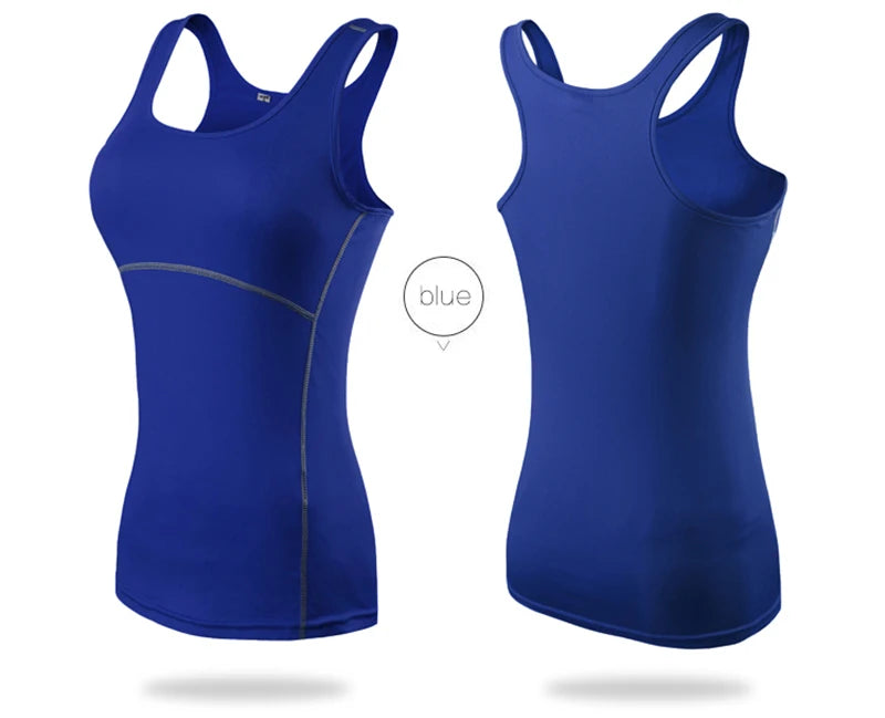 Women’s quick dry blue yoga tank top, sleeveless gym vest in front and back view, breathable and anti-shrink fabric.