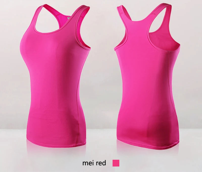 Women’s quick dry yoga tank top in mei red, sleeveless design for gym and running, showcasing front and back views.