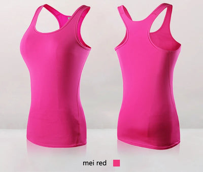 Women’s quick dry yoga tank top in mei red, sleeveless design for gym and running, showcasing front and back views.
