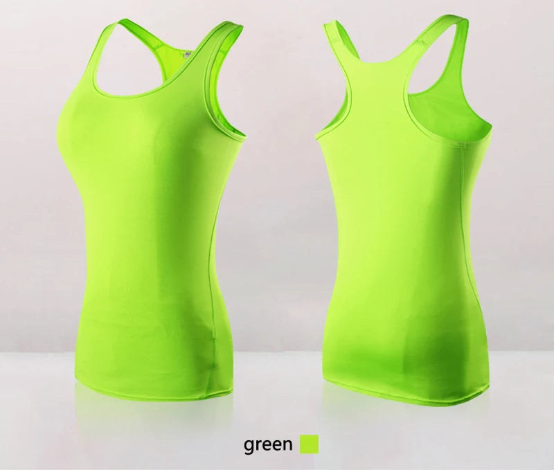Women’s green quick dry yoga tank top, sleeveless gym vest in vibrant color for activewear.
