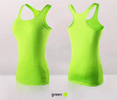 Women’s green quick dry yoga tank top, sleeveless gym vest in vibrant color for activewear.