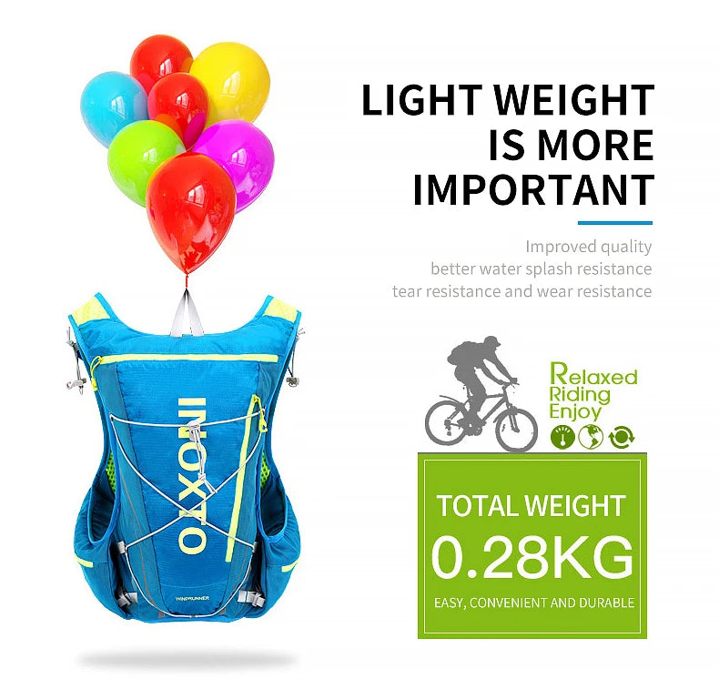 Lightweight hydration vest backpack by OUTDOOR INOXTO, featuring splash resistance, ideal for running, cycling, and hiking.