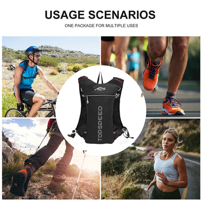 Ultralight hydration running vest backpack showcased in various outdoor activities for biking, running, and hiking.