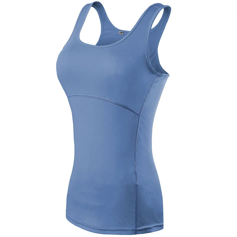 Women’s quick dry sleeveless yoga tank top in blue, designed for gym and running, breathable and anti-shrink.
