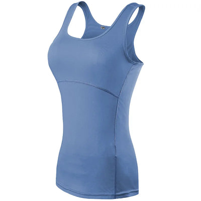 Women’s quick dry sleeveless yoga tank top in blue, designed for gym and running, breathable and anti-shrink.