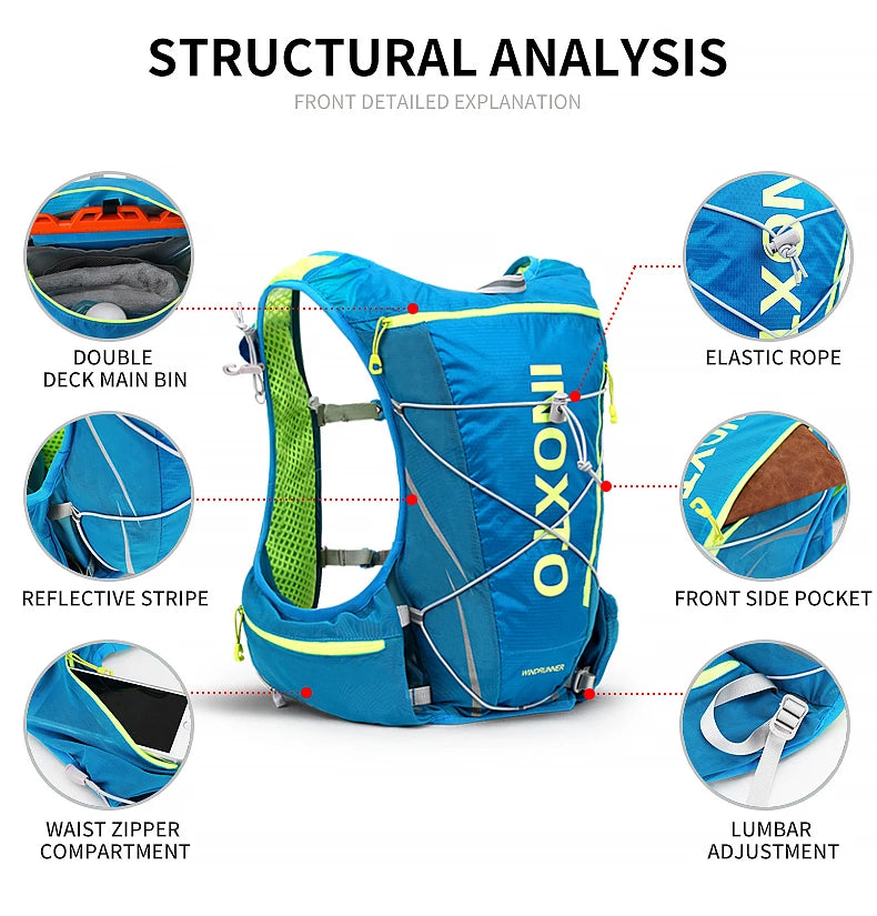 Detailed structural analysis of the OUTDOOR INOX hydration vest backpack, highlighting pockets and adjustments.