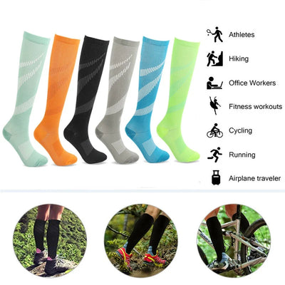 Varicose veins compression socks in various colors, suitable for athletes, hiking, cycling, and daily workouts.