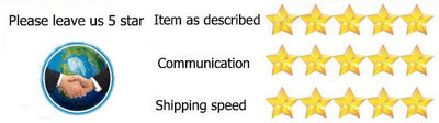 Five-star rating request with a globe and handshake graphic for customer feedback on item description, communication, and shipping speed.