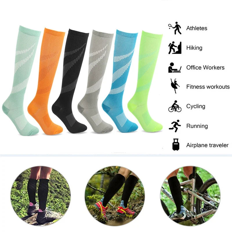 Colorful compression socks for athletes, hikers, and office workers, designed for running and cycling comfort.