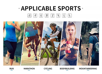 Collage depicting applicable sports: running, marathon, cycling, bodybuilding, and mountaineering for outdoor activities.