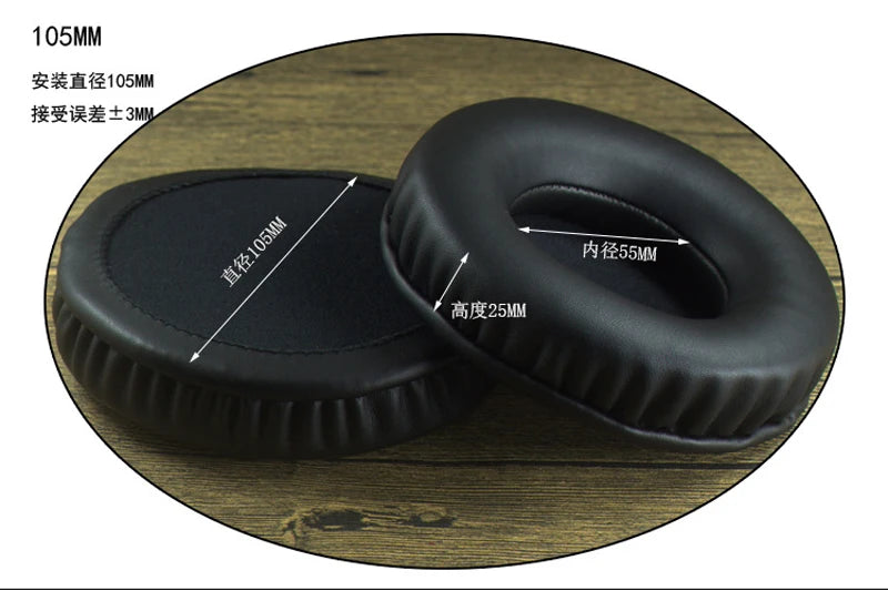 Replacement 105mm round ear pads, black leather, headphone repair parts for comfortable listening.