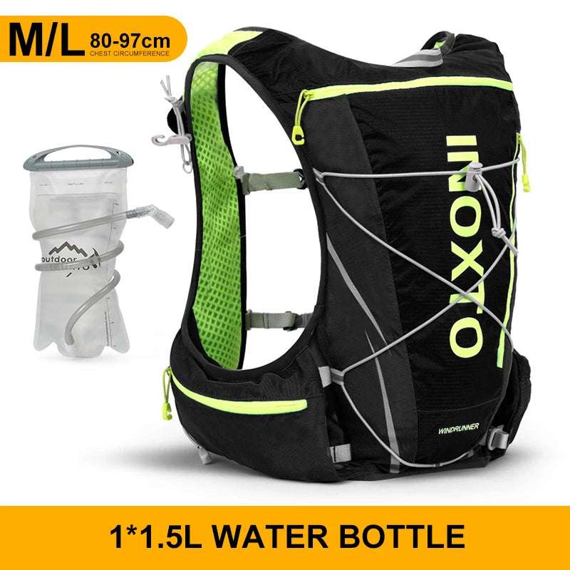 Hydration vest backpack with water bottle for running, cycling, and hiking, suitable for unisex use.