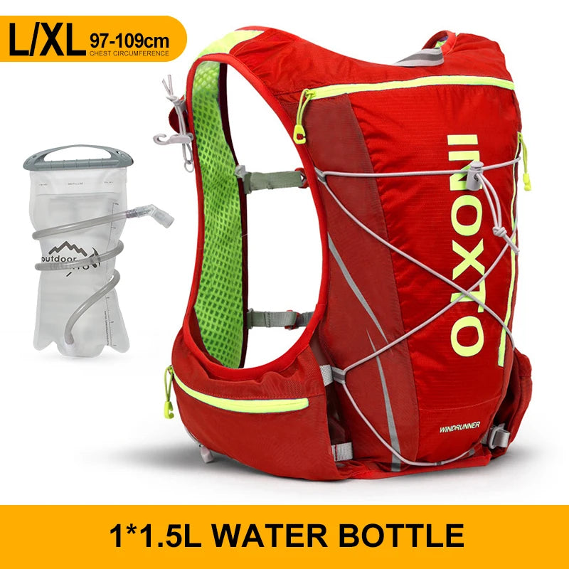 Hydration vest backpack in red with green accents and water bottle, ideal for running, cycling, and hiking.