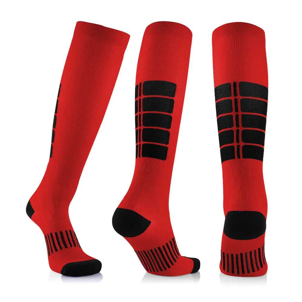 Red compression socks for men and women, featuring geometric patterns, suitable for sports and diabetic support.
