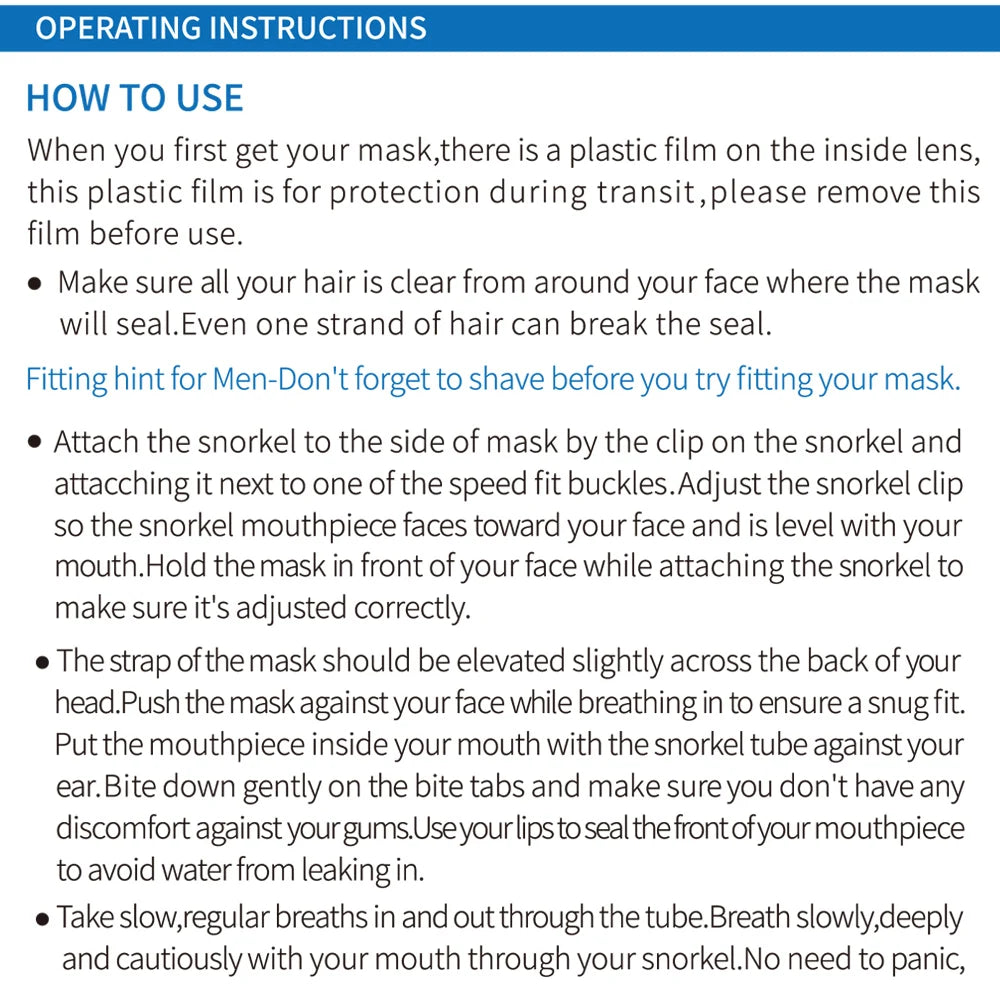 Operating instructions for using a scuba diving mask and snorkel set; tips for correct fit and usage.