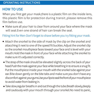 Operating instructions for using a scuba diving mask and snorkel set; tips for correct fit and usage.