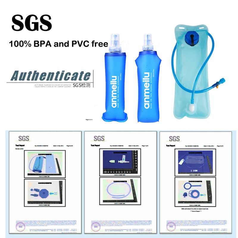 SGS certified hydration accessories: two blue BPA-free water bottles and a hydration bladder with hose.