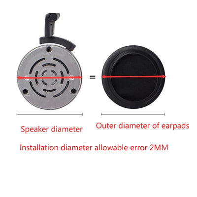 Image showing speaker diameter measurement alongside outer diameter of replacement ear pads for accurate fitting.