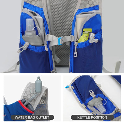 Ultralight hydration running vest showing water bag outlet and kettle position for optimal storage convenience during runs.