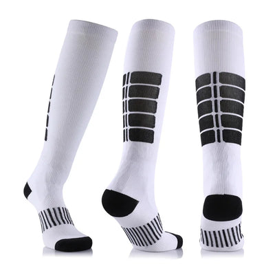 Compression socks for men and women, designed for varicose veins, running, and sports, featuring a modern geometric pattern.