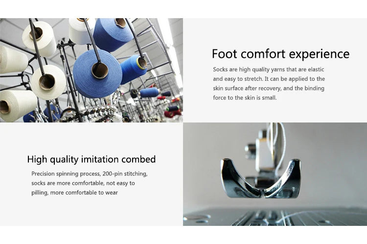 Socks manufacturing process highlighting high-quality yarns and comfort features for varicose veins support.