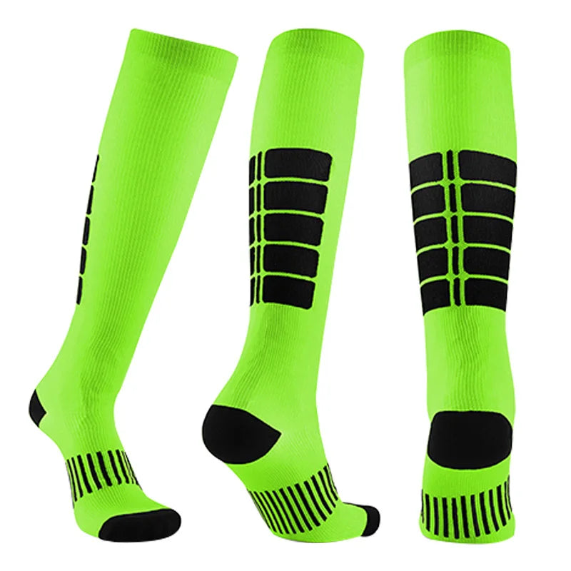Bright green compression socks with black geometric patterns, ideal for sports, cycling, and diabetic foot support.