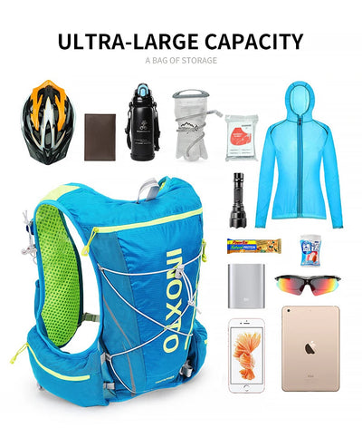 Hydration vest backpack in blue with ultra-large capacity, ideal for running, cycling, and hiking essentials.