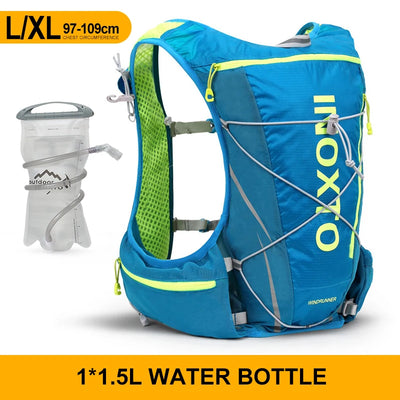 Hydration vest backpack with a 1.5L water bottle, ideal for running, cycling, and hiking. Lightweight and breathable design.