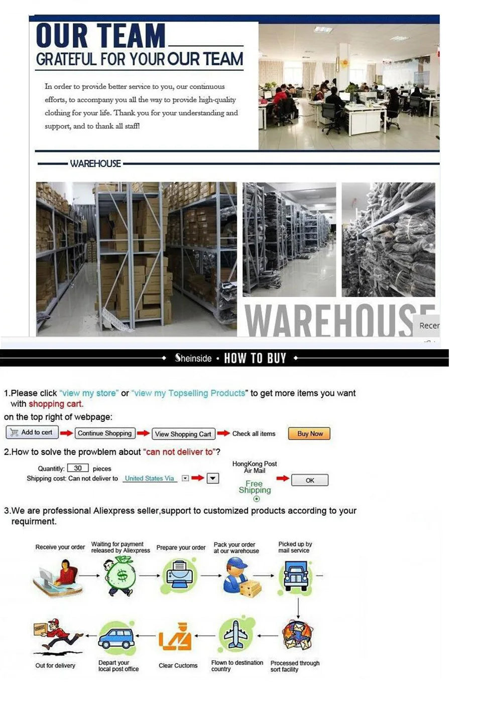 Image of a warehouse showcasing storage and team collaboration with instructions for online shopping.