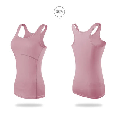 Women’s quick dry sleeveless yoga tank top in soft pink, featuring breathable polyester and spandex blend for activewear.