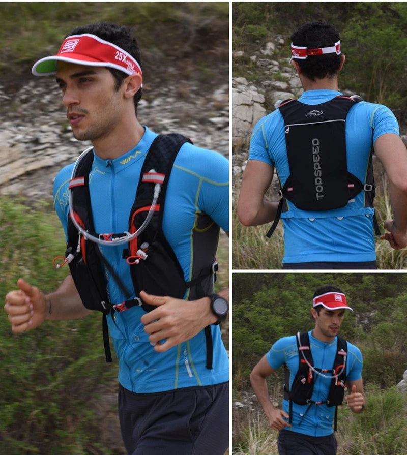 Man running outdoors wearing an ultralight hydration running vest, showcasing breathability and comfort.
