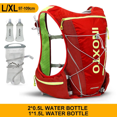 Hydration vest backpack with two 0.5L and one 1.5L bottles, ideal for running, cycling, hiking. Unisex design.