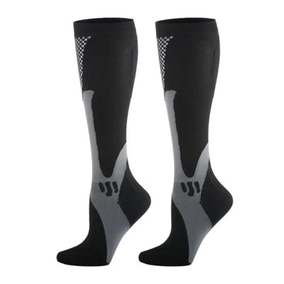 Black compression socks with geometric design for varicose veins, suitable for sports, hiking, and diabetes relief.