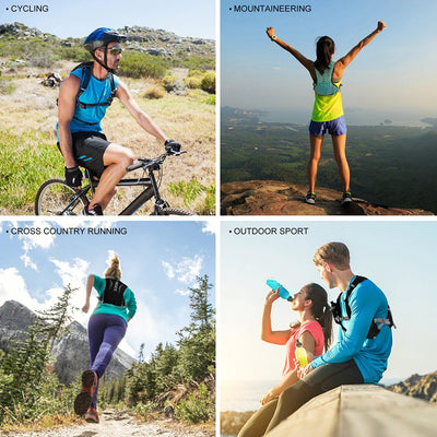 Collage of outdoor activities featuring an ultralight hydration running vest in cycling, mountaineering, cross country running, and sports.