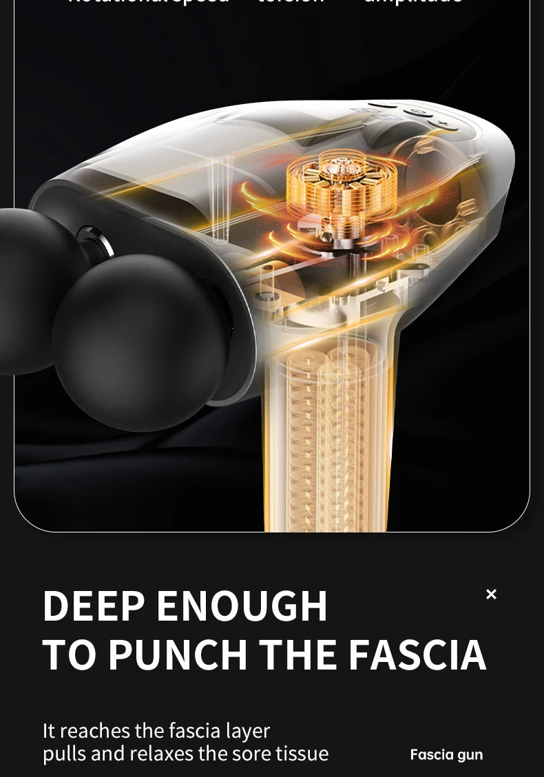 Deep tissue massage gun with dual heads showing internal mechanics, designed for muscle relaxation and pain relief.