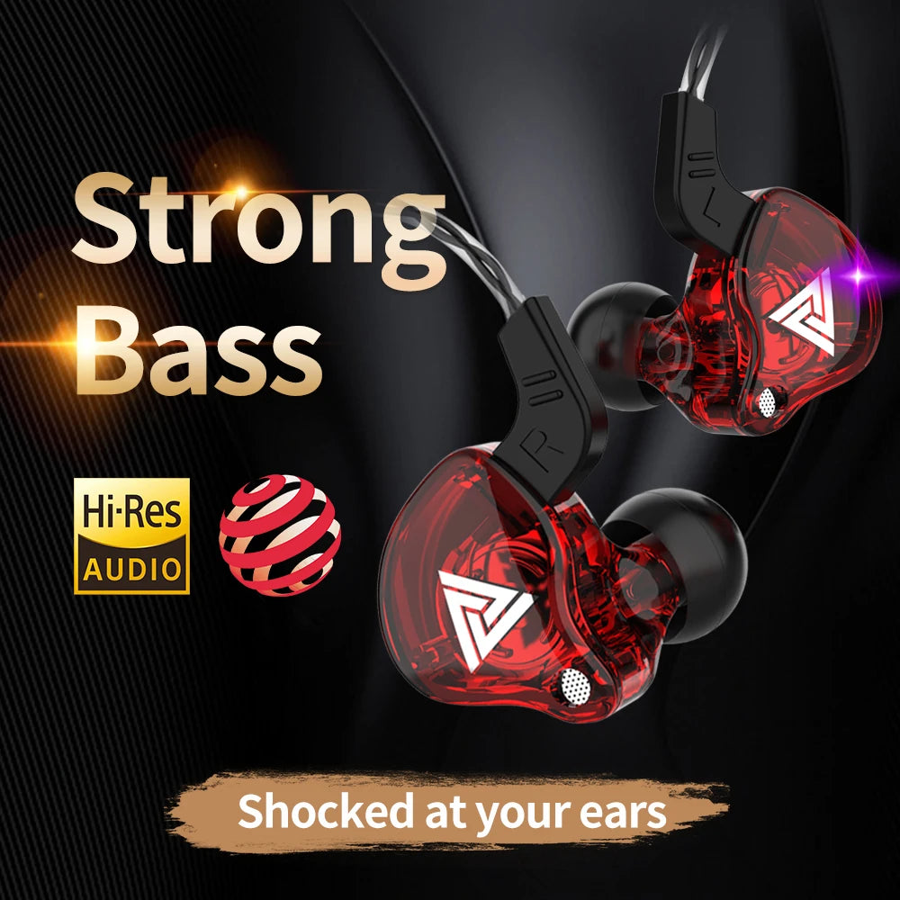 High-quality red wired earphones with strong bass and Hi-Res audio features.