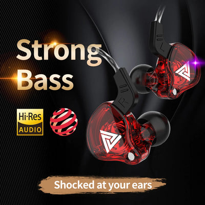 High-quality red wired earphones with strong bass and Hi-Res audio features.