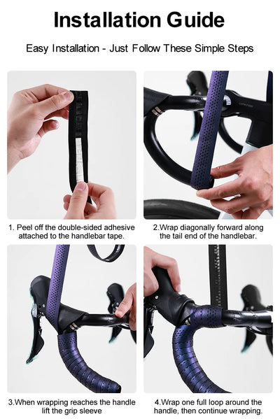 Step-by-step installation guide for INBIKE soft grip handlebar tape, demonstrating adhesive application and wrapping techniques.