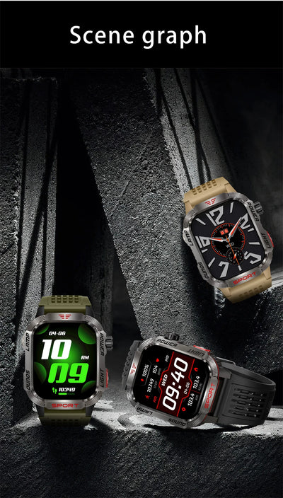 Three military GPS smart watches displayed against a rugged background, showcasing their designs and features.