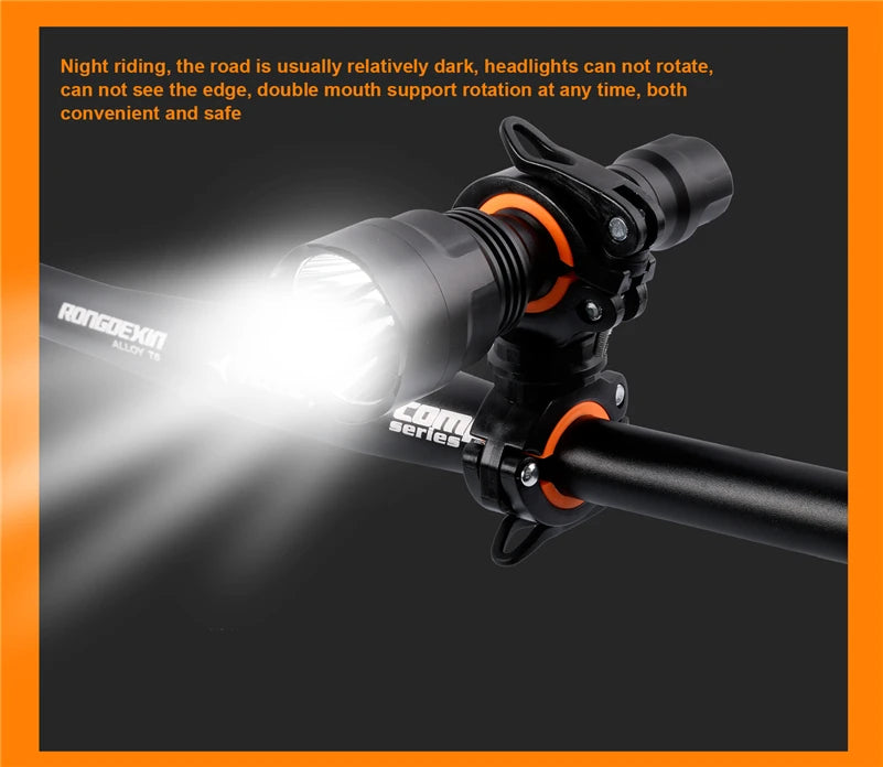 360° rotatable bike light bracket with LED flashlight, ideal for safe night cycling and easy mounting on handlebars.